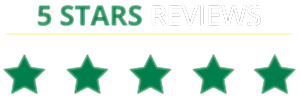 Image displaying "5 Stars Reviews" text in green and white at the top. Below, a yellow line underlines it, with five green stars aligned horizontally underneath, signifying a five-star rating. Perfect for improving SEO or adding to your website's footer.
