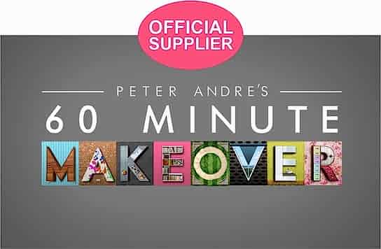 Image of a logo for "Peter Andre's 60 Minute Makeover" against a gray background. The words "OFFICIAL SUPPLIER" are in white within a pink oval at the top. The word "MAKEOVER" is spelled with each letter in a different design and background, providing great SEO potential for your footer or web columns.
