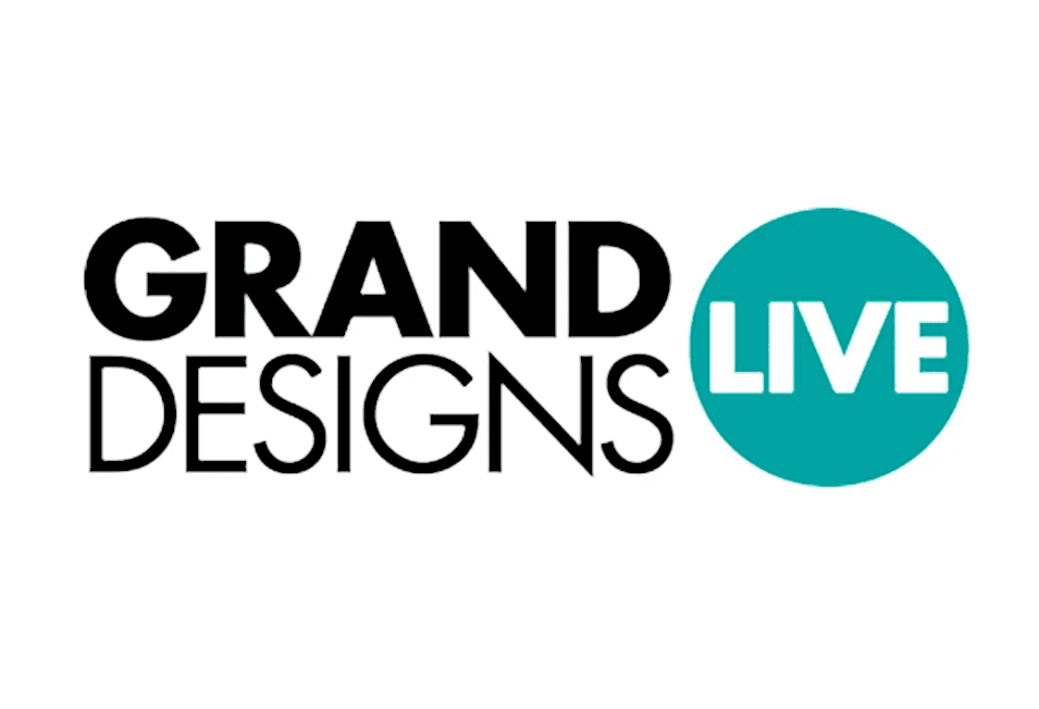 Grand Designs LIVE" logo. The text "GRAND DESIGNS" is in bold black font, with "LIVE" in white letters encased in a solid teal circle. The background is white. Perfect for those exploring fitted furniture and fitted wardrobes in London.